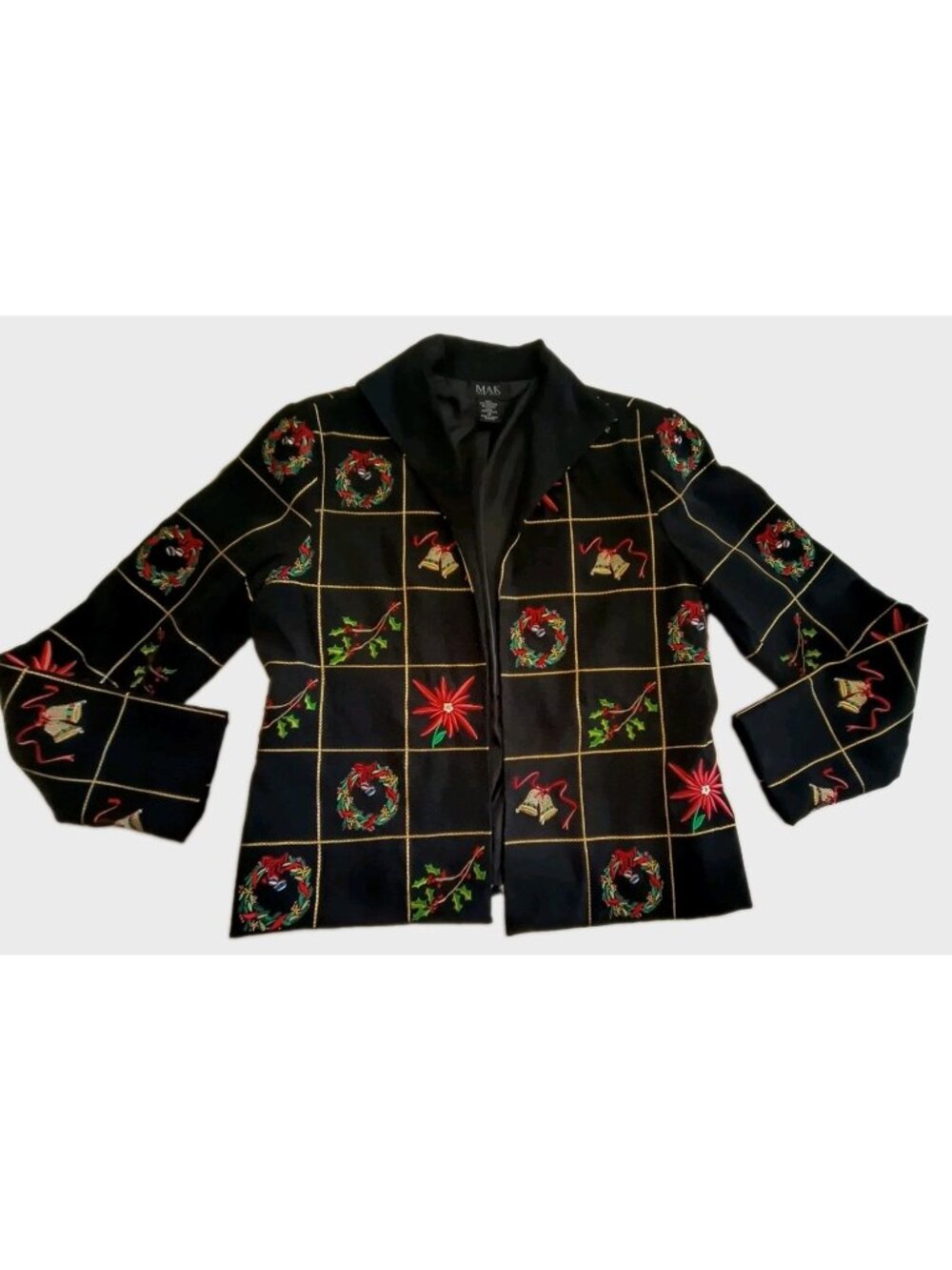 MAK New York Christmas Embroidered Floral Wreath Bell Black Holiday Blazer 14